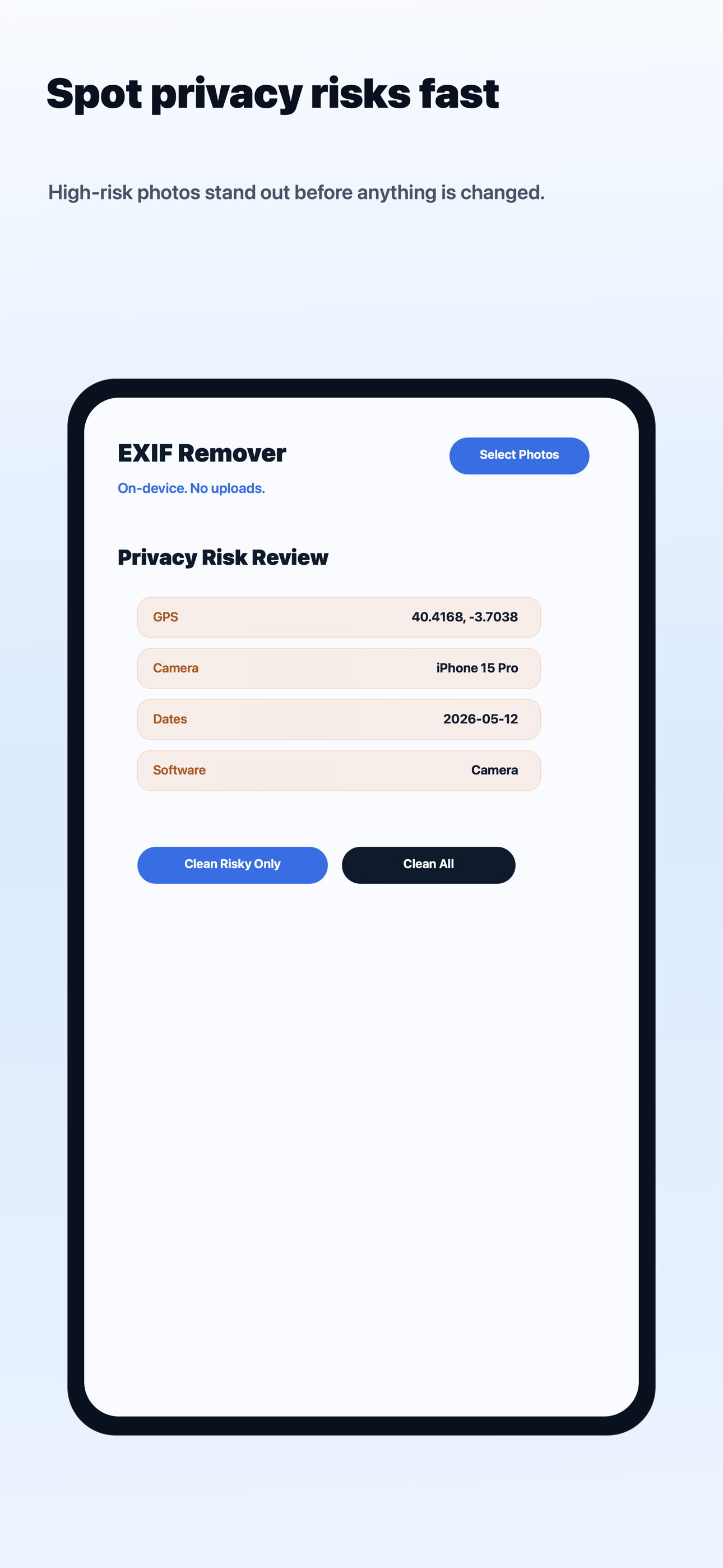 Metadata Remover privacy risk review screen