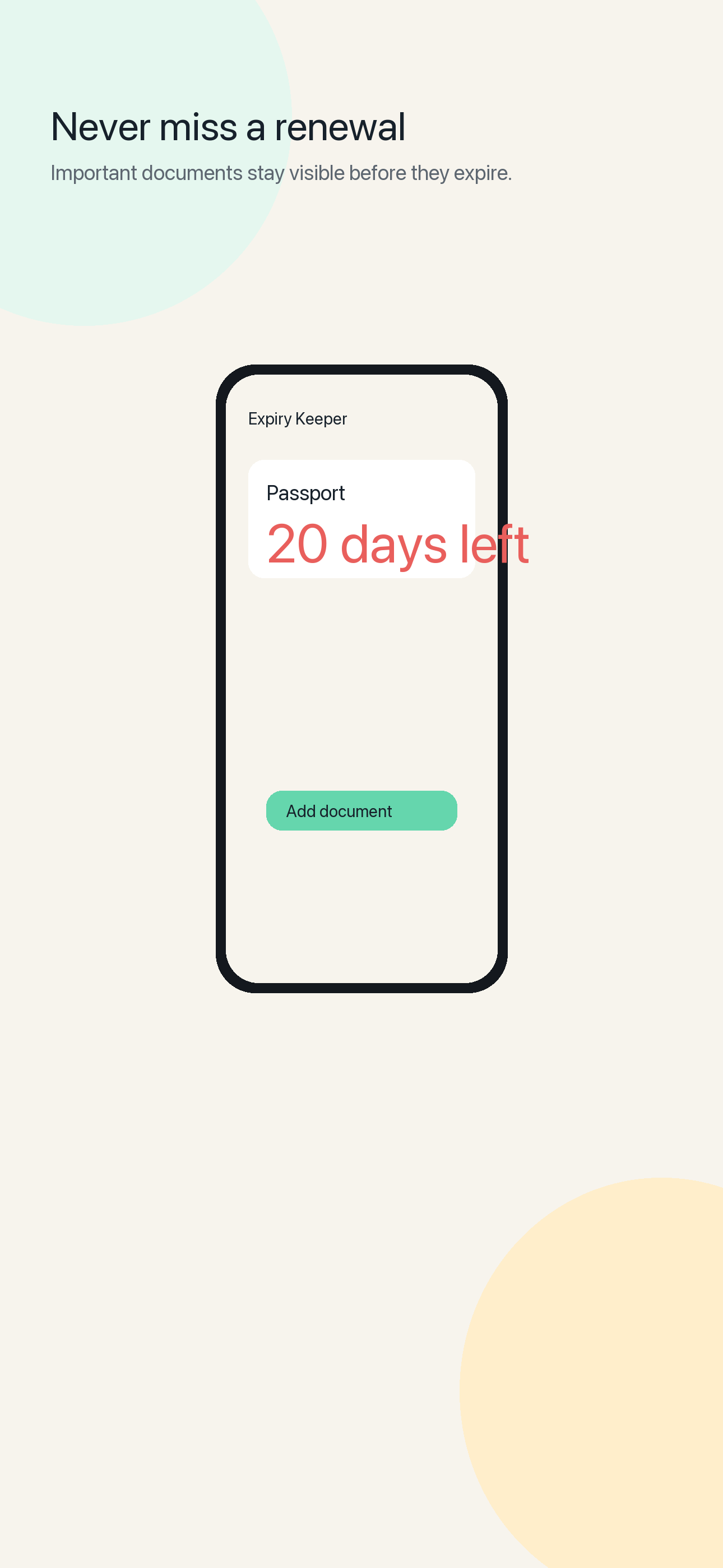 Expiry Keeper iPhone app dashboard with document renewal statuses