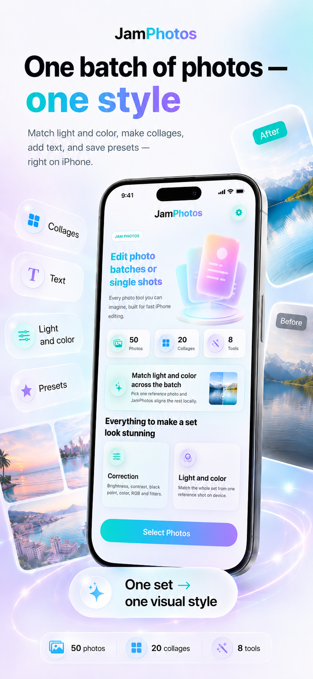 JamPhotos iPhone app home screen with batch photo editing tools
