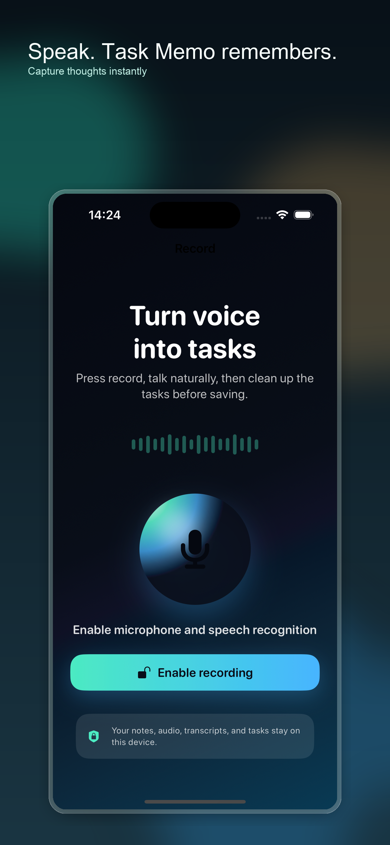 Task Memo iPhone app recording screen for voice notes