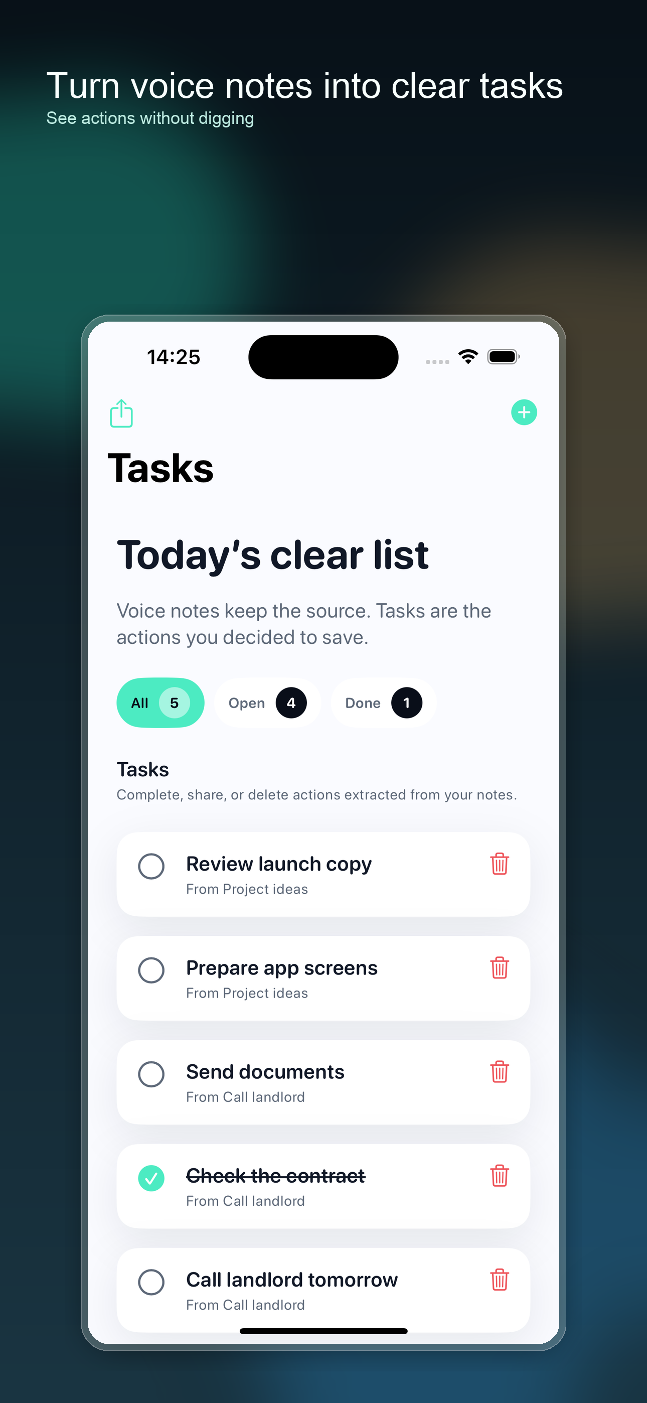 Task Memo task list screen
